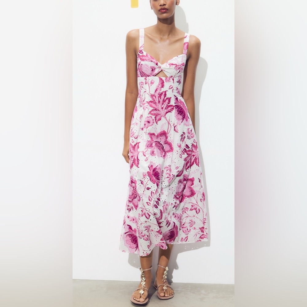 Zara Pink and white printed Floral Maxi Dress with open work embroidery